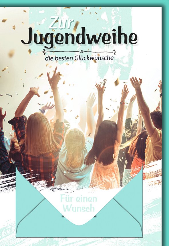 Jugendweihekarte mit Geldtasche: Alle Hände hoch im Konfettiregen