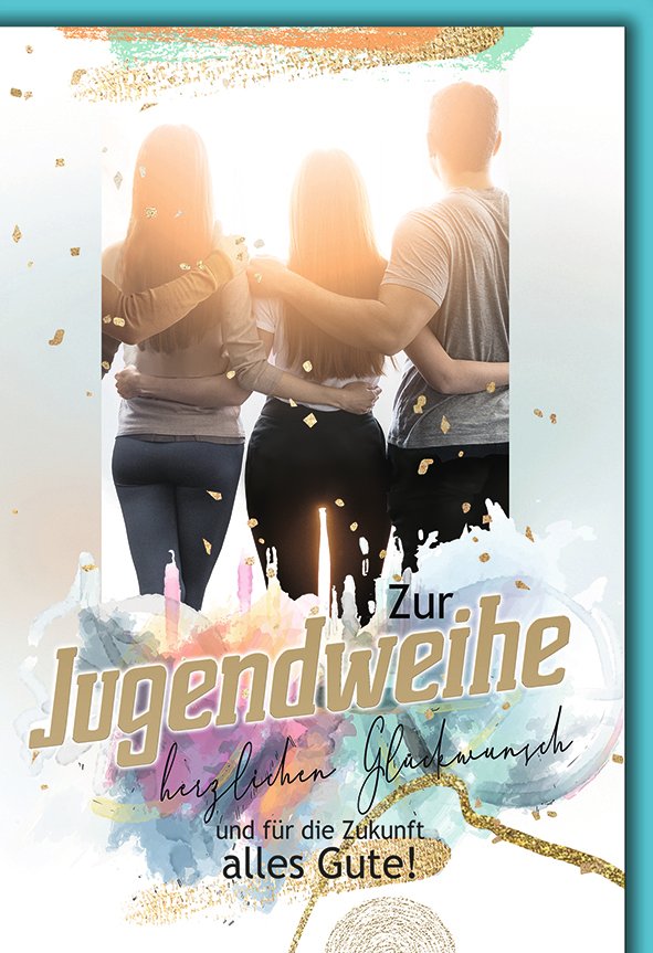 Jugendweihekarte: Freunde Arm in Arm im Gegenlicht