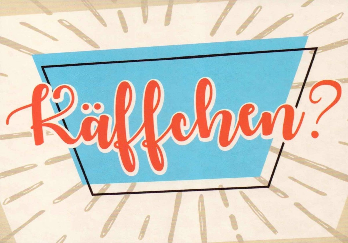 Einladungskarte Freundschaft "Kaffeeklatsch" - Retro Design in Blau, Rot & Beige mit Strahlenmuster für gemütliches Beisammensein