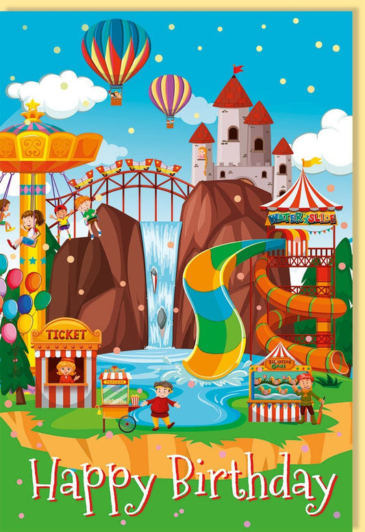 Einladungskarte Kindergeburtstag - Freizeitpark - Motiv mit Achterbahn, Karussell & Schloss - Bunte Partykarte für Jungen und Mädchen