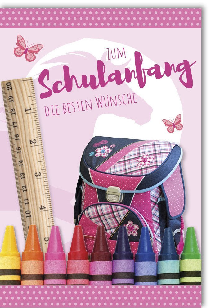 Einschulungskarte für Erstklässler - Fröhliches Design mit Schultüte, Ranzen & Buntstiften, verziert mit Schmetterlingen