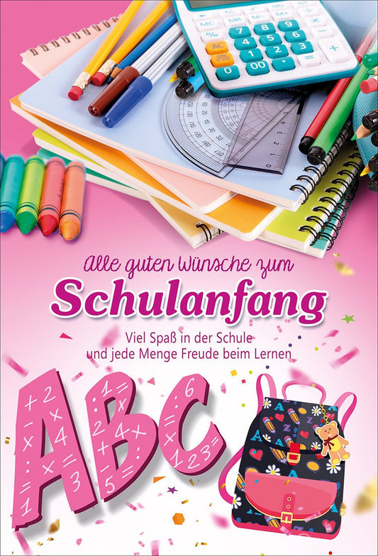 Einschulungskarte Kinder – Bunte Schulsachen mit Rucksack und ABC in fröhlichem Design