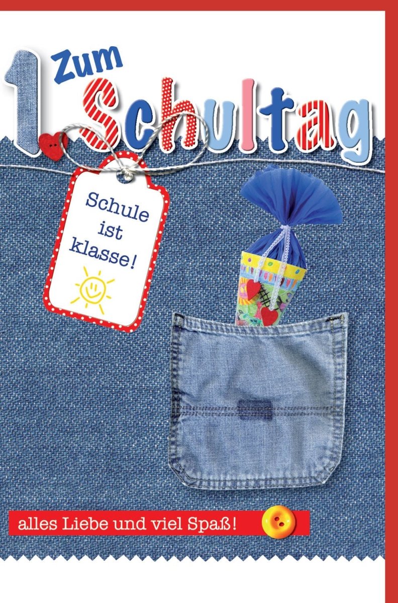 Einschulungskarte mit Schultüte & Jeanstasche - Denim Gruß zum Schulstart für Erstklässler