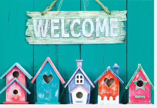 Einzugskarte "Welcome Home" - Bunte Vogelhäuser, Holzdeko Garten, Vintage Shabby Chic Wandbehang, Ideales Geschenk zum Einzug