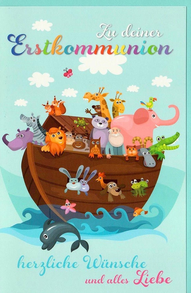 Erstkommunion Glückwunschkarte mit Schiffsmotiv und Tierfreunden