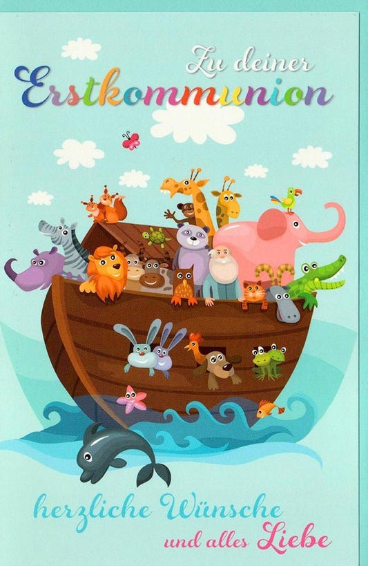 Erstkommunion Glückwunschkarte mit Schiffsmotiv und Tierfreunden