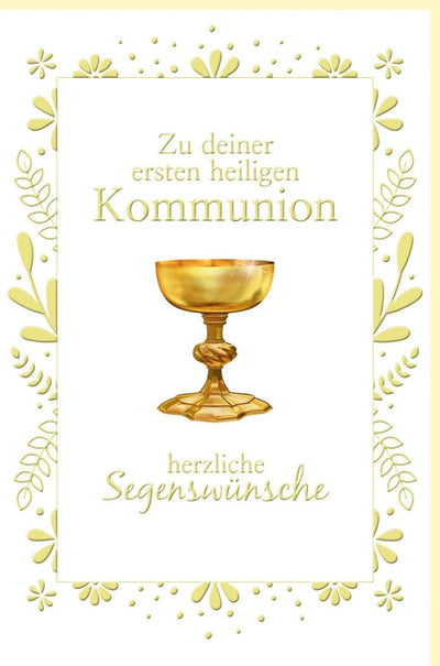 Erstkommunion Karte: Elegante Glückwünsche in Gold, Weiß & Grün mit Blumenmotiv für die Sakramentfeier