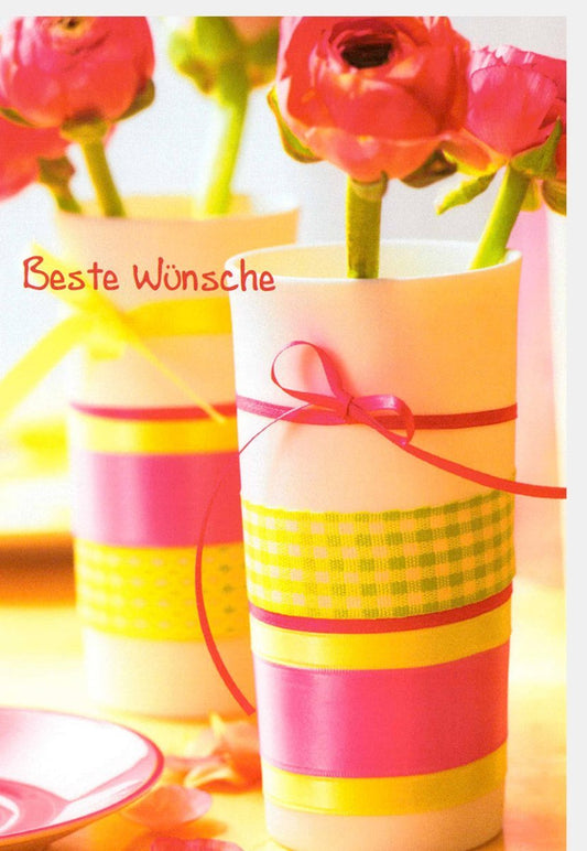 Feierliche Grußkarte mit Rosa Blütenstrauß, Elegante Frühlingsdekoration & Schmuckband, Perfekt für Glückwünsche - "Beste Wünsche" Kollektion