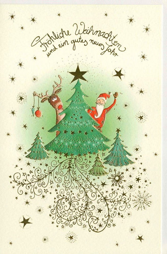 Festliche Grußkarte aus Naturkarton mit Nikolaus, Elch und Baum - Motiv