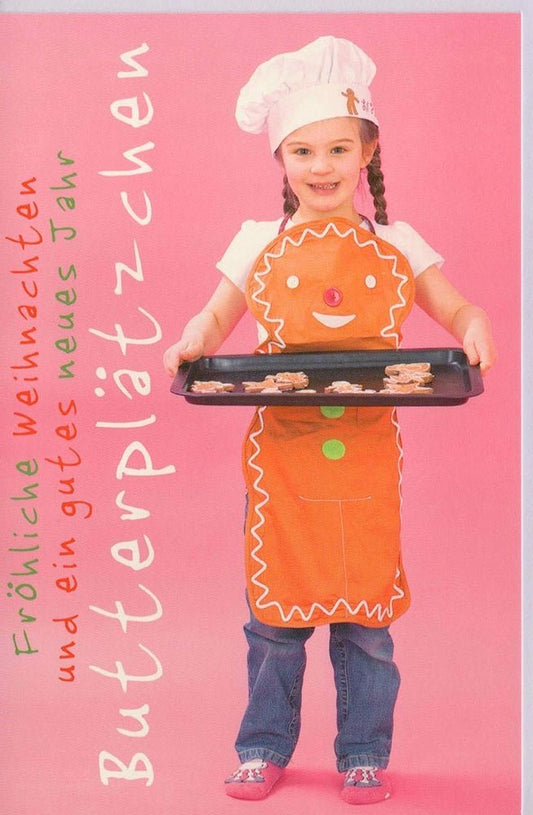 Festliche Grußkarte Kind mit Butterplätzchen - Motiv für Weihnachten