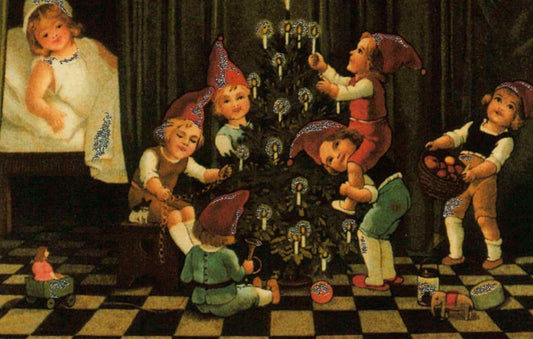 Festliche Kinder - Weihnachtspostkarte mit Weihnachtsbaum und Mützen: Merry Christmas