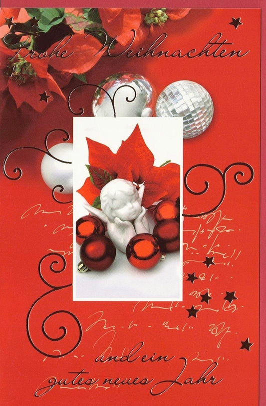 Festliche Weihnachtsgrußkarte in Rot mit eleganter Silberfolien - Schrift