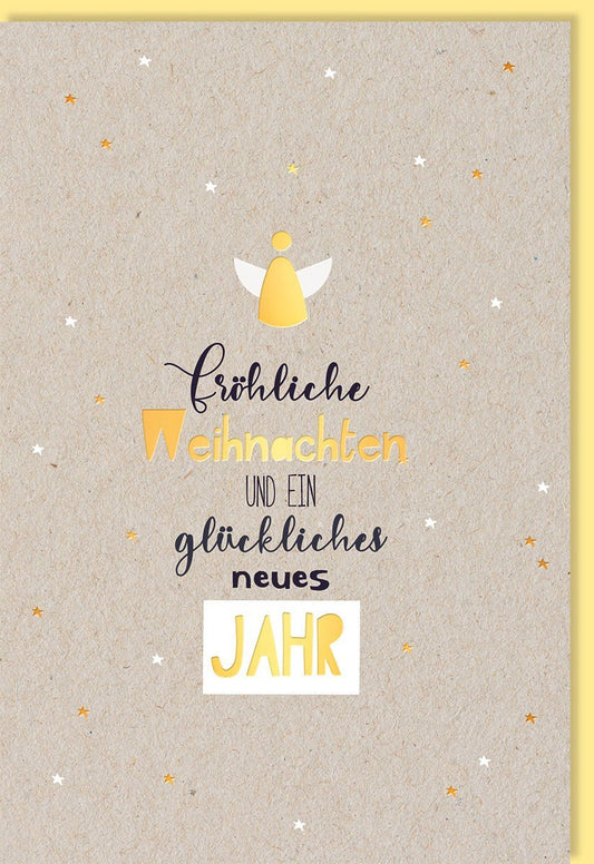 Festliche Weihnachtsgrußkarte mit Engel & Sternen, Elegante Wünsche auf Naturkarton mit Goldfolie, Recyclebar für geschäftliche Anlässe