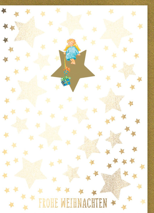 Festliche Weihnachtsgrußkarte mit Glitzersternen und Engel - Elegante Karte in Gold & Beige für besinnliche Feiertage