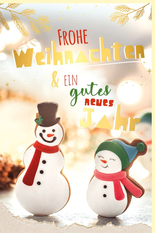 Festliche Weihnachtsgrußkarte mit goldenen Schneemännern | Elegantes Winterdesign für Familie & Freunde | Beige Töne | Für Groß & Klein geeignet