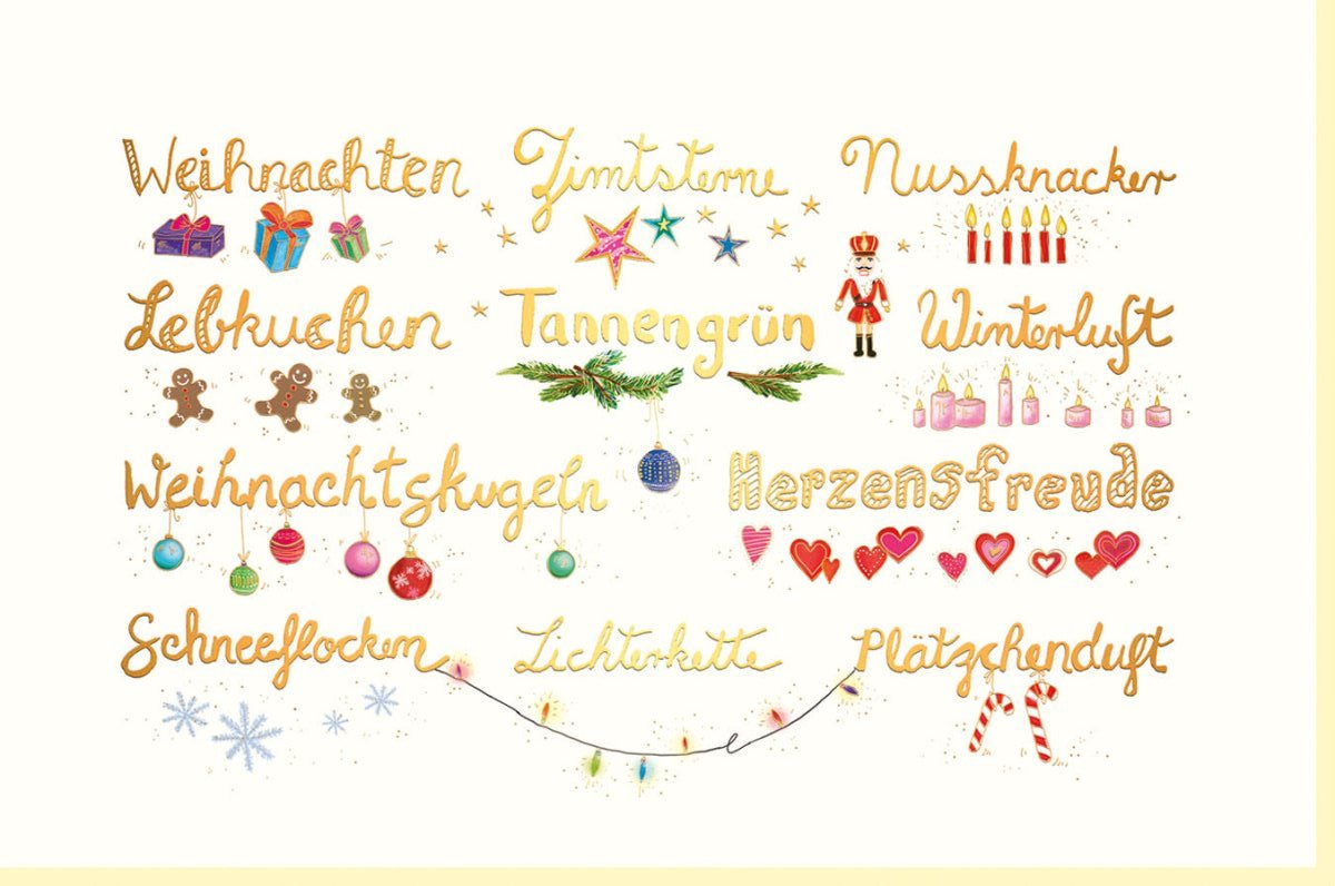 Festliche Weihnachtsgrußkarte mit Goldfolie: Zimtsterne, Nussknacker & Tannenzweige in Rot - Gold