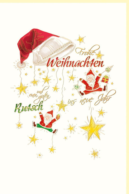 Festliche Weihnachtsgrußkarte: Rote & goldene Weihnachtsmänner mit Glitzersternen - Perfekt für Familie & Freunde