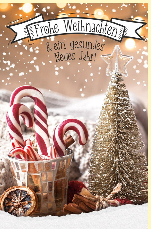Festliche Weihnachtsgrußkarte: Schneefall, Dekobaum & Zuckerstangen für zauberhafte Neujahrsgrüße