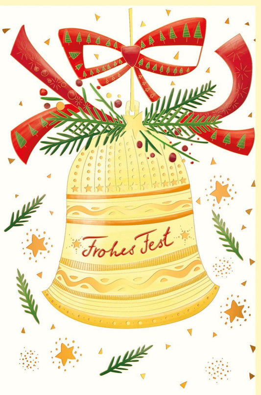 Festliche Weihnachtskarte mit Glocke & Schleife - Hochwertiger Gruß in Gold und Rot für Unternehmen
