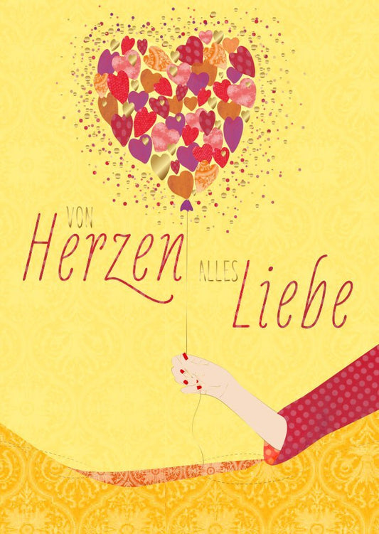 Freundschafts - Postkarte: Herzliche Grüße mit Liebe und Herz - Luftballons, hochwertige Sprüche
