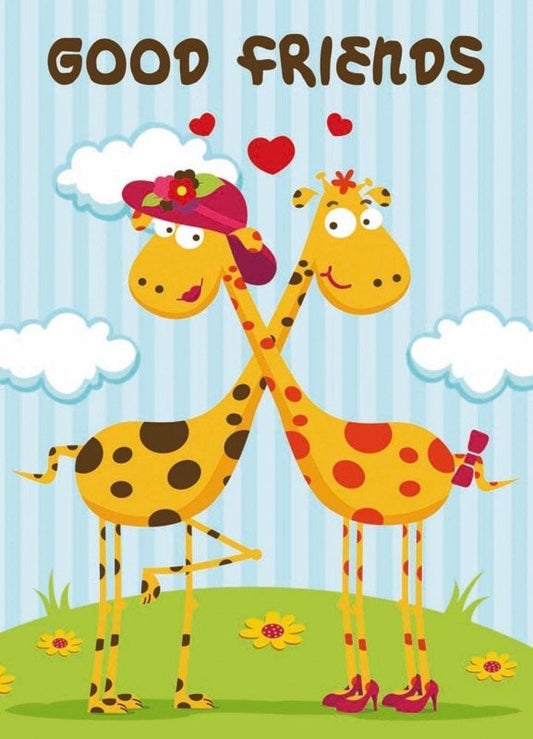 Freundschaftskarte mit Giraffen: Bunte Streifen, Himmel & Herzen - Charmante Illustration für Tierliebhaber, Humorvolle Botschaft & Geschenk