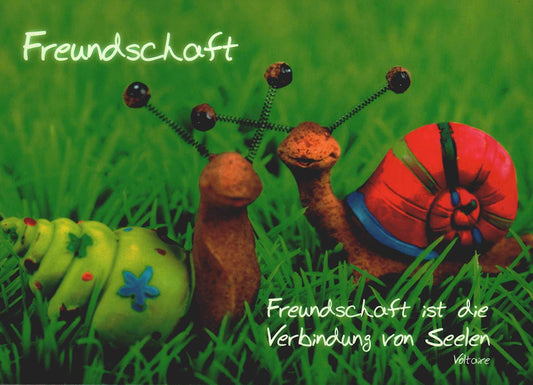 Freundschaftskarte mit lustigen Schnecken auf Wiese und Spruch Freundschaft ist die Verbindung von Seelen Postkarte Freundschaft