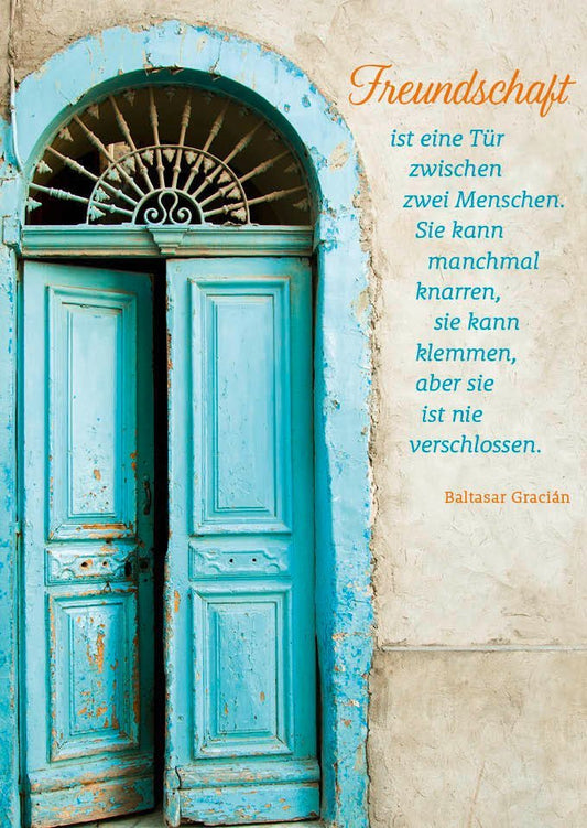 Freundschaftspostkarte mit inspirierendem Spruch: "Eine Tür zwischen zwei Menschen"