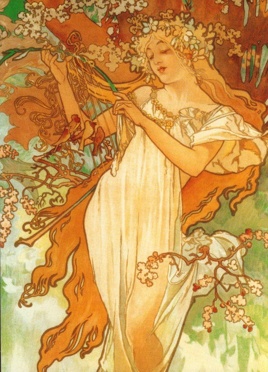 Frühlingshafte Kunstpostkarte von Alphonse Mucha - Elegantes Design für Kunstliebhaber