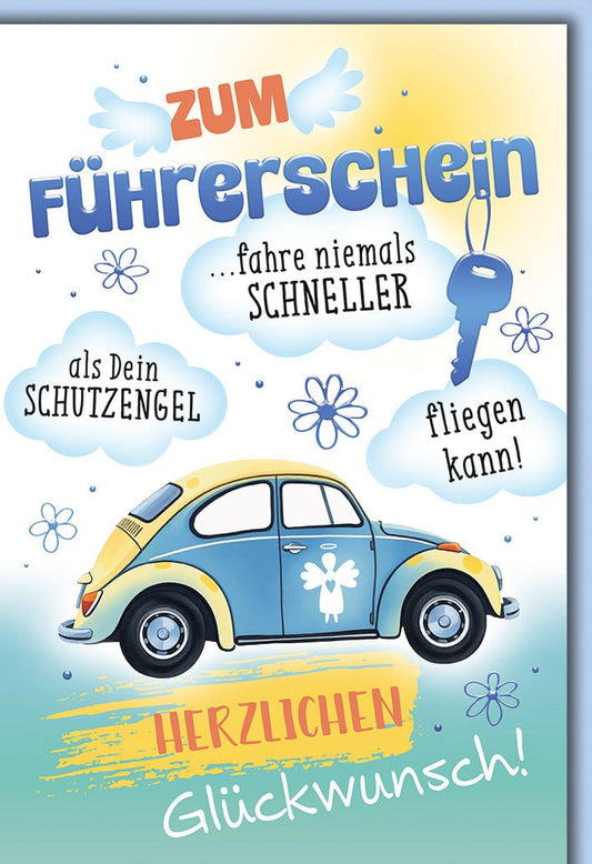 Führerscheinkarte Schutzengel – Retro VW Käfer mit humorvollem Spruch und Engelsflügeln