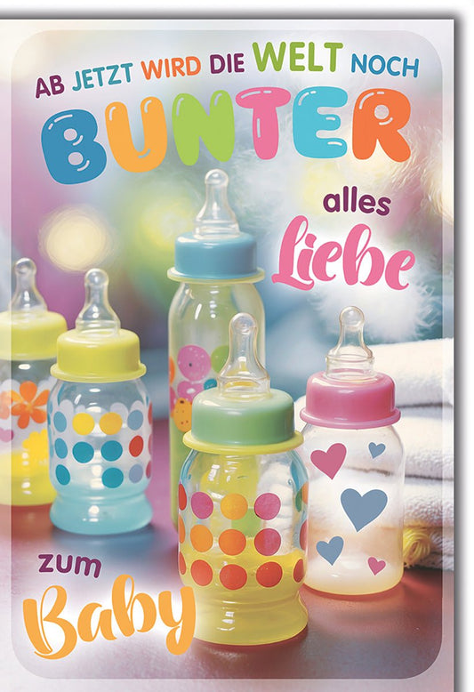 Geburtskarte Baby – Bunte Fläschchen mit Herzmotiven und farbenfrohem Schriftzug