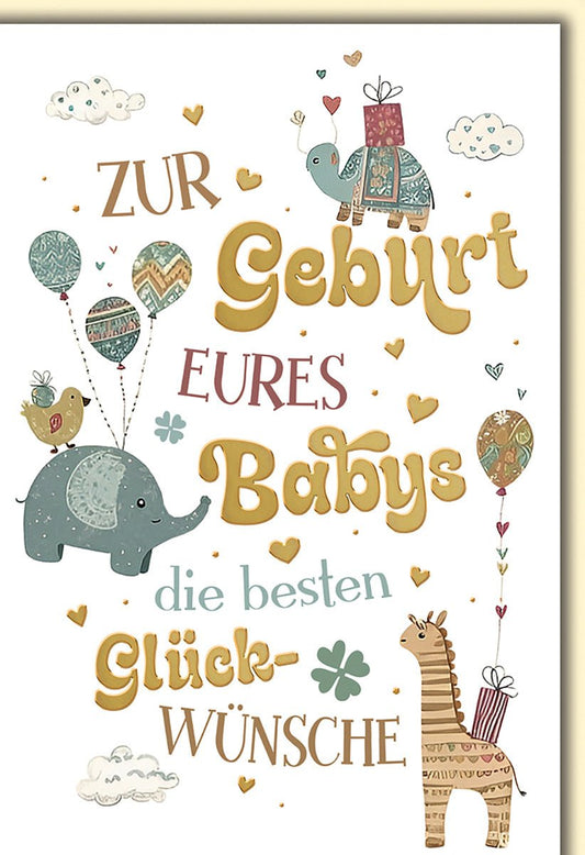 Geburtskarte Baby – Elefanten und Giraffe mit Luftballons in verspieltem Design