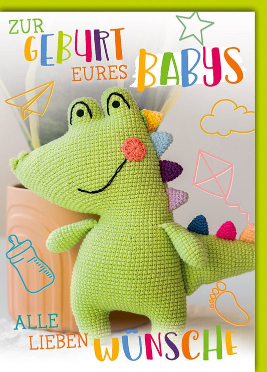 Geburtskarte Baby – Häkel - Dinosaurier mit bunten Akzenten und verspieltem Design