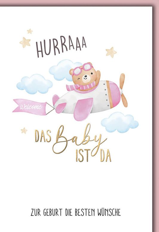 Geburtskarte Baby – Niedlicher Bär im Flugzeug mit Wolken und Sternen in Pastellfarben