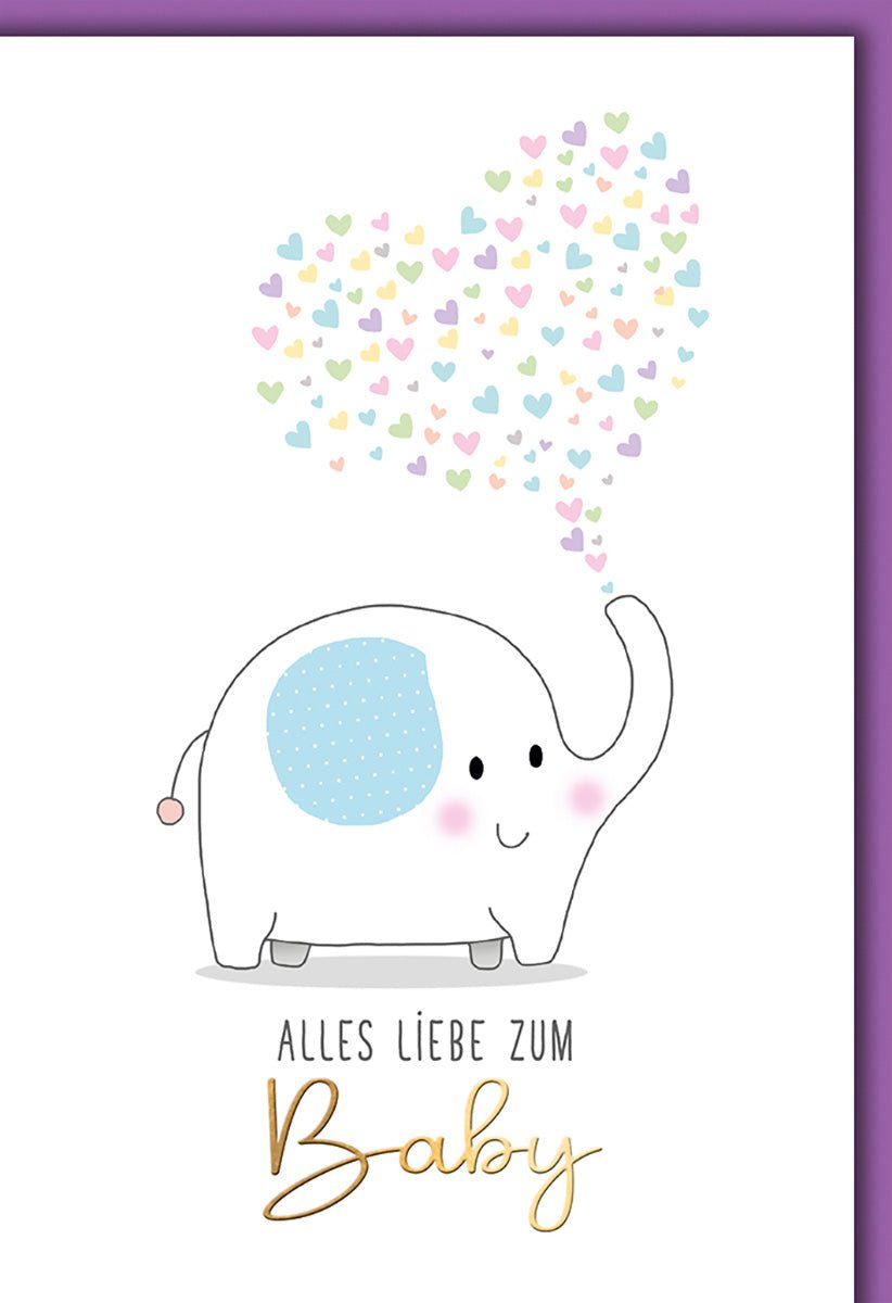 Geburtskarte Baby – Süßer Elefant mit Herzchen in Pastellfarben und Goldschrift