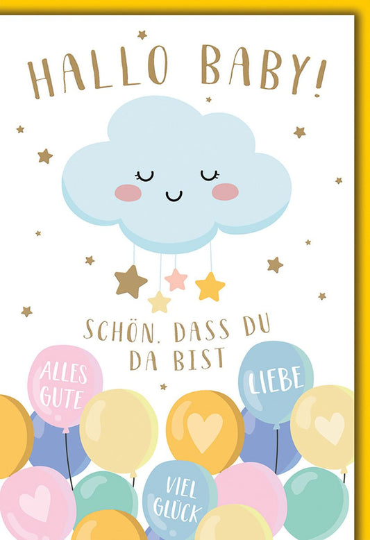 Geburtskarte Baby – Wolke mit Sternen und bunte Ballons in Pastellfarben