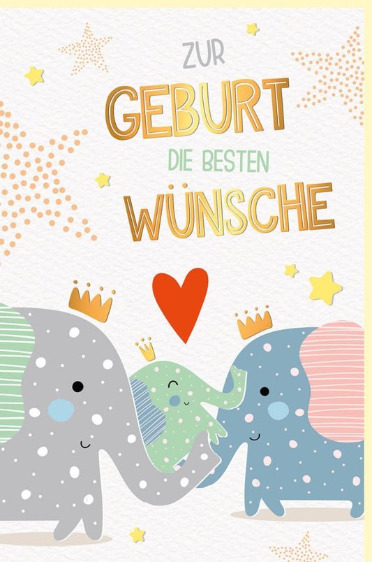 Geburtskarte - Elefantenfamilie in Pastell: Herzliche Glückwünsche zur Geburt in Gelb & Grau mit Sternchen für Neugeborene und ihre Liebsten