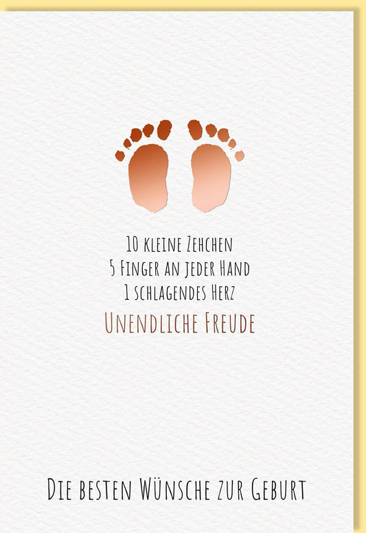 Geburtskarte - Elegante Baby - Fußabdrücke aus Naturkarton mit Roségoldfolie, Glückwünsche an Eltern in Beige