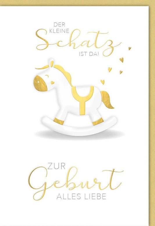 Geburtskarte - Elegante Glückwunschkarte mit goldenem Schaukelpferd für Neugeborene und Elternfreude