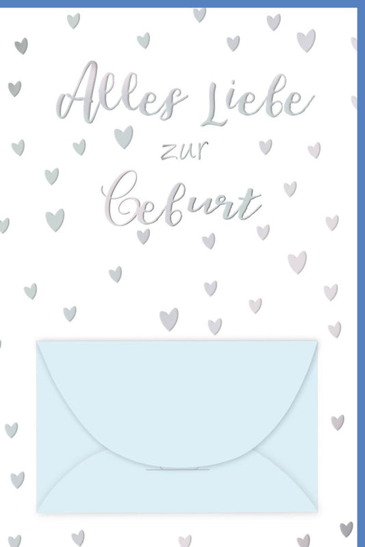 Geburtskarte für Jungen: Herzchen - Design in Hellblau & Weiß, zur Geburt eines Neugeborenen