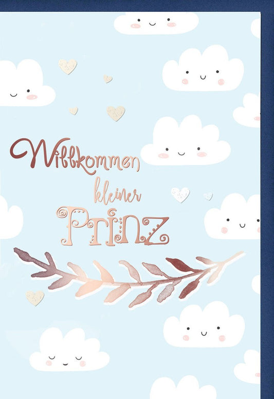 Geburtskarte für Jungen - Herzliche Glückwünsche zur Geburt "Willkommen kleiner Prinz" mit blauen Wolken und Herzchen