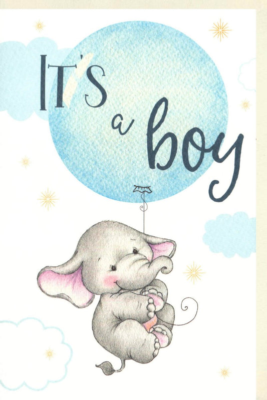 Geburtskarte für Jungen - Süßer Elefant & Luftballon, Babyshower Glückwunsch in Hellblau mit Sternen