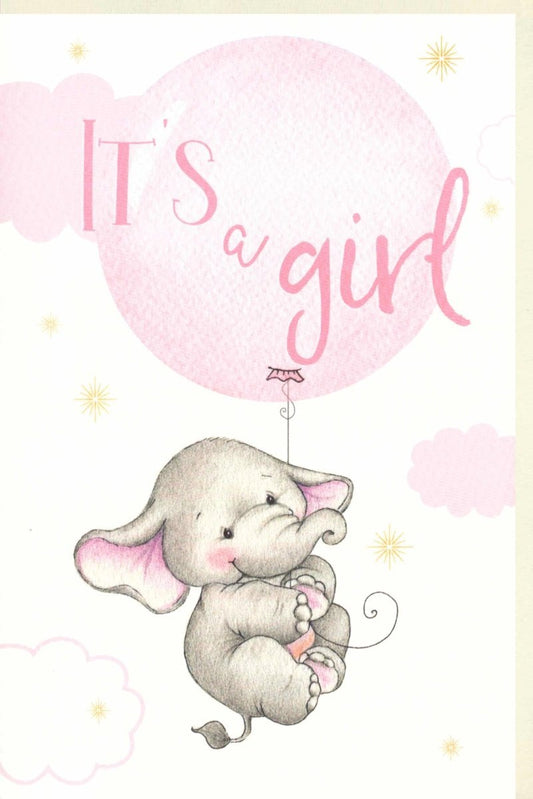 Geburtskarte für Mädchen - "It's a Girl" mit Elefant und rosa Goldsternen auf Naturpapier