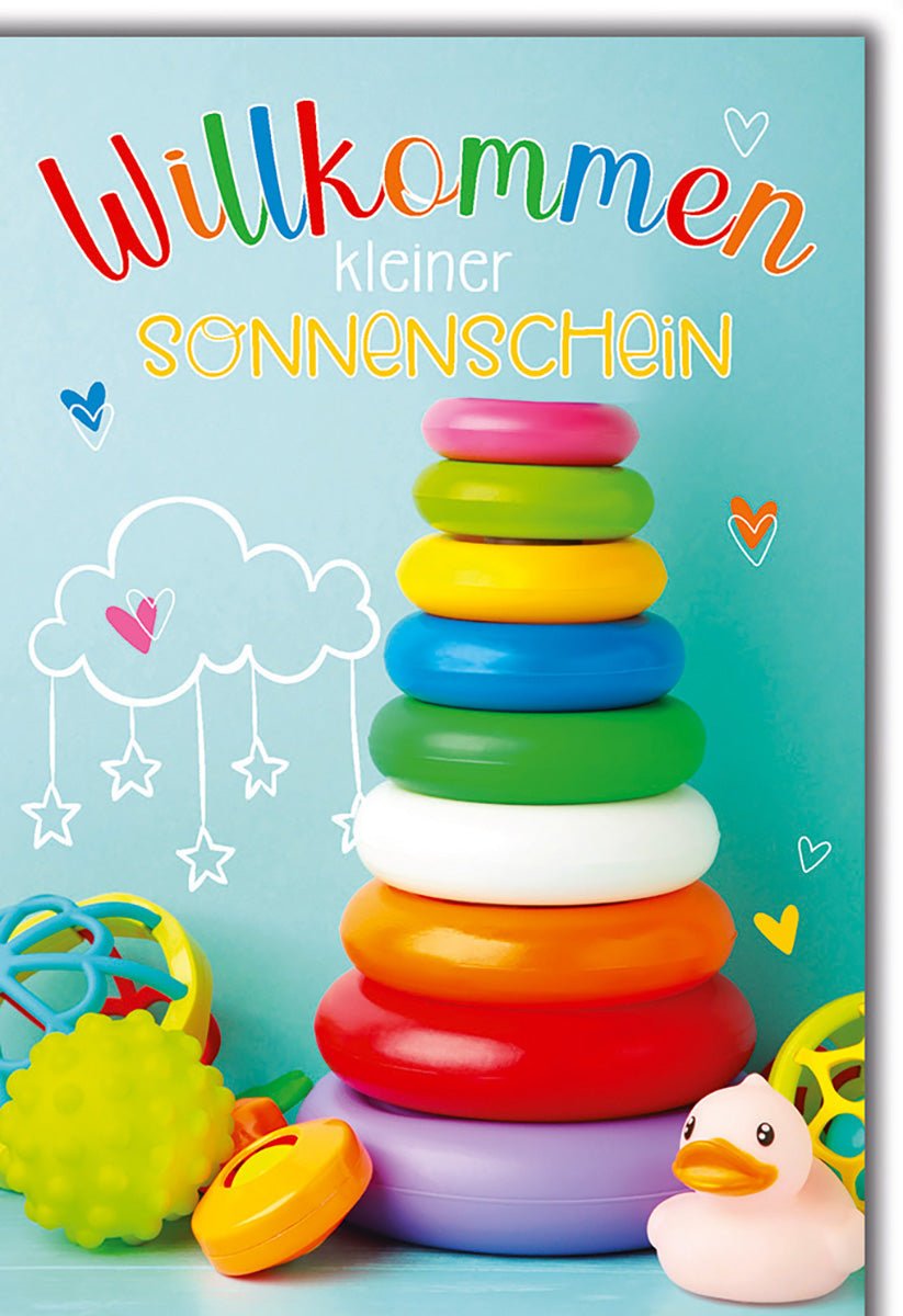 Geburtskarte Junge – Bunte Ringe mit Quietscheente und Wolkenmotiv in Pastellfarben