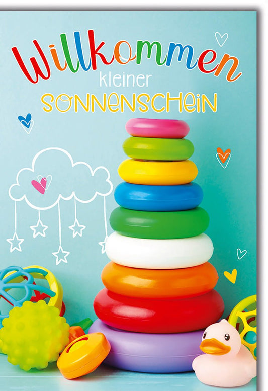 Geburtskarte Junge – Bunte Ringe mit Quietscheente und Wolkenmotiv in Pastellfarben