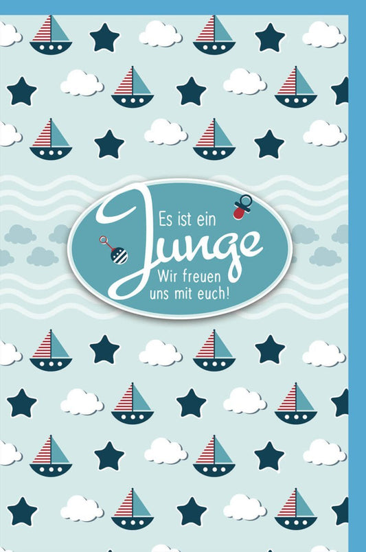 Geburtskarte Junge - Hellblaue Babykarte mit Wolken & Segelbooten zur Geburt eines Neugeborenen