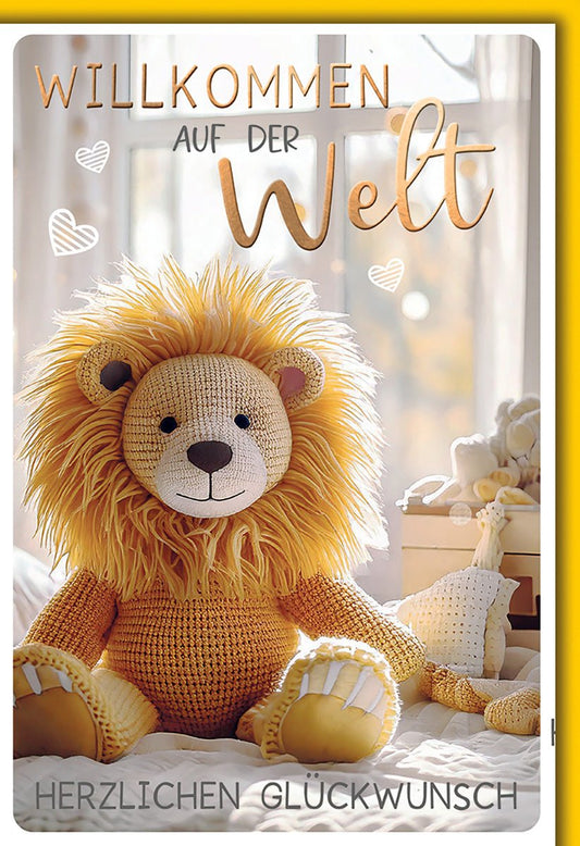 Geburtskarte Junge – Kuscheltier Löwe mit Strickoptik und Herz - Details