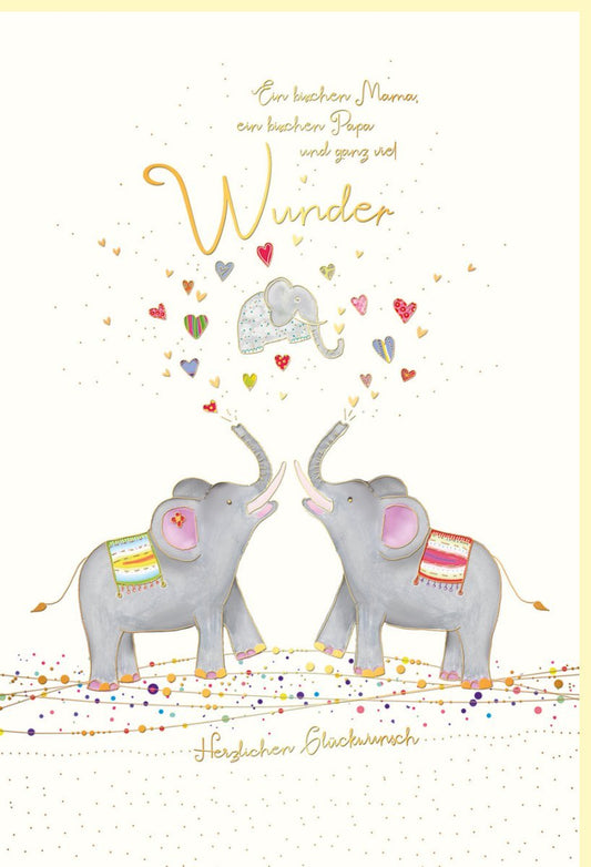 Geburtskarte - Liebevoll illustrierte Babykarte mit Elefanten, Herzchen & Wolken für freudige Glückwünsche zur Geburt