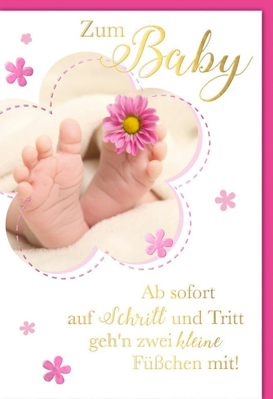 Geburtskarte Mädchen - Herzförmiges Design mit Babyfüßen & Blumen, Rosa Schriftzug zur Geburt, Glückwunschkarte für Neugeborene