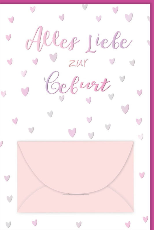 Geburtskarte Mädchen - Herzliche Babykarte in Rosa & Weiß zur Babyparty Gratulation