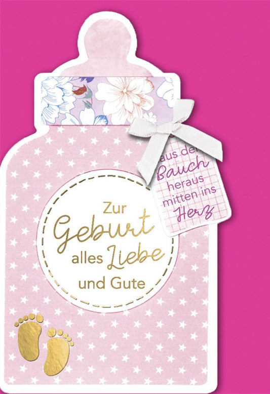 Geburtskarte Mädchen - Herzliche Glückwünsche zur Geburt mit Babyfüßen & rosa Blumenmuster, inklusive Babyflasche Motiv